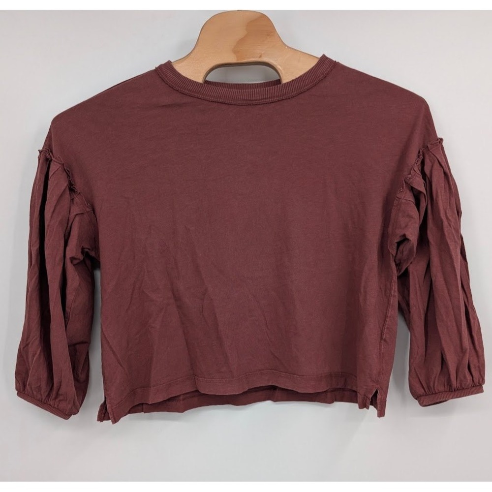 Aerie Chill Up Long Sleeve Cropped T-shirt Maroon puff shoulders crew NWT sz S